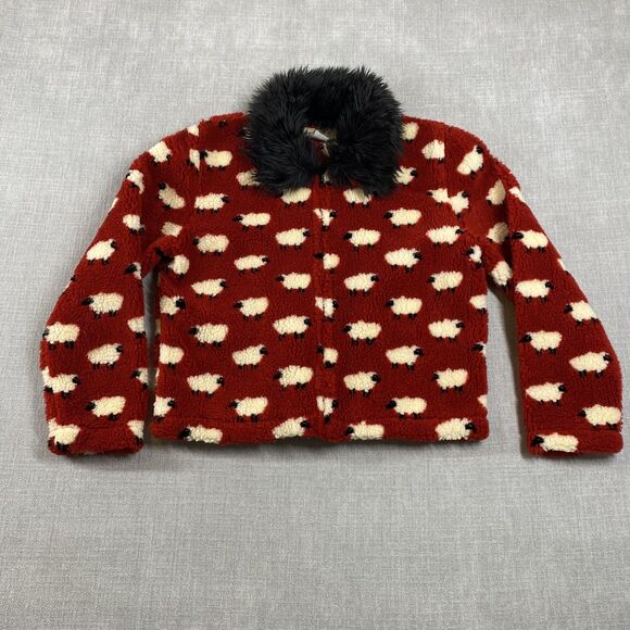 Painted Pony Jacket Womens Small Red Sheep Pattern Faux Fur Collar Made USA Cozy - Picture 1 of 12